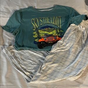 Cat & Jack Teal Pajama Set with Orange Truck Graphic and Light Gray Plaid Pants